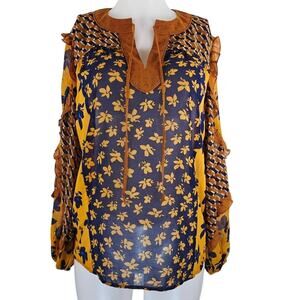 Cabi Long Sleeve Ruffle Floral Geometric Ballon Sleeve Women's Blouse XS